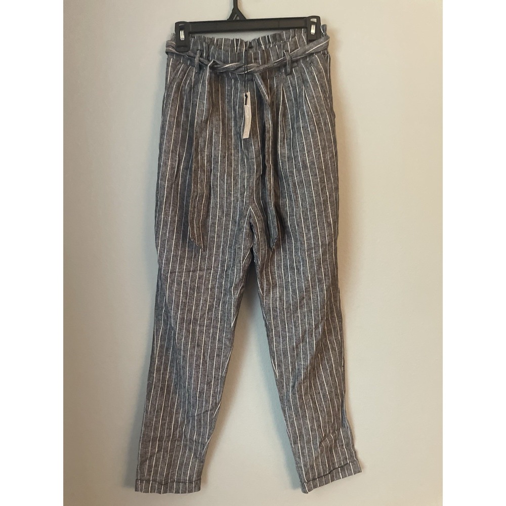 Love Tree Linen Blend Pants Women's L Striped Straight Leg Elastic Waist‎ Tie